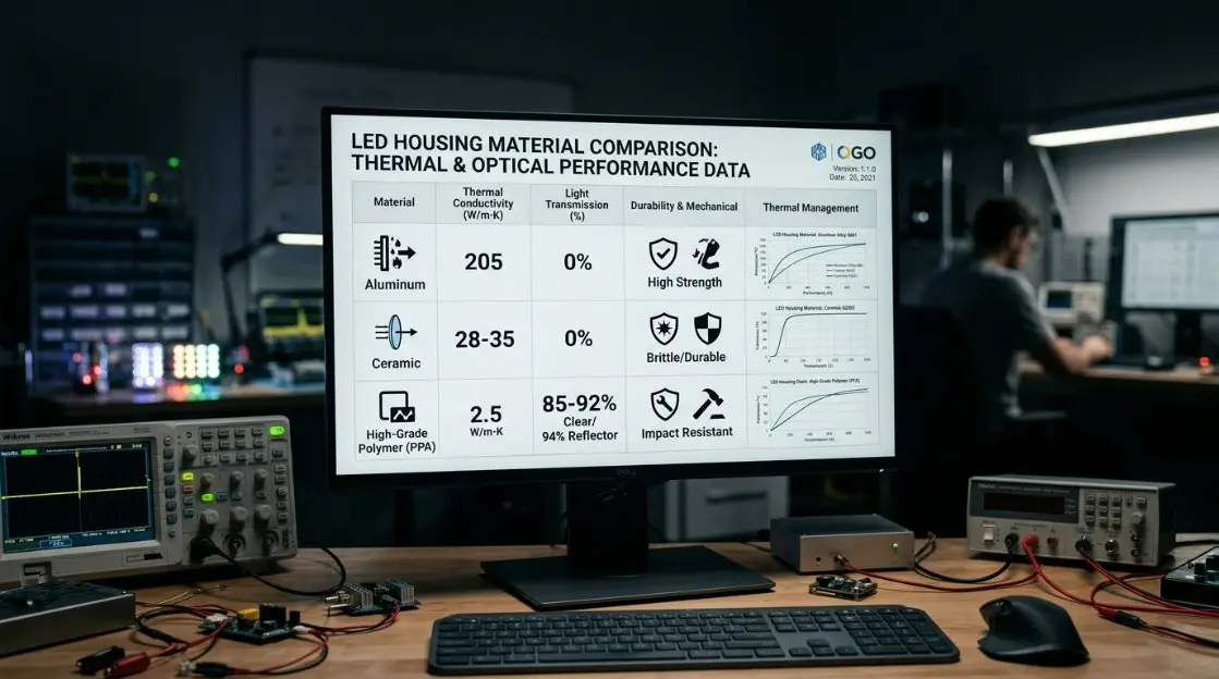 A technical comparison chart visual with icons representing thermal conductivity, light transmission, and durability for different LED housing materials.