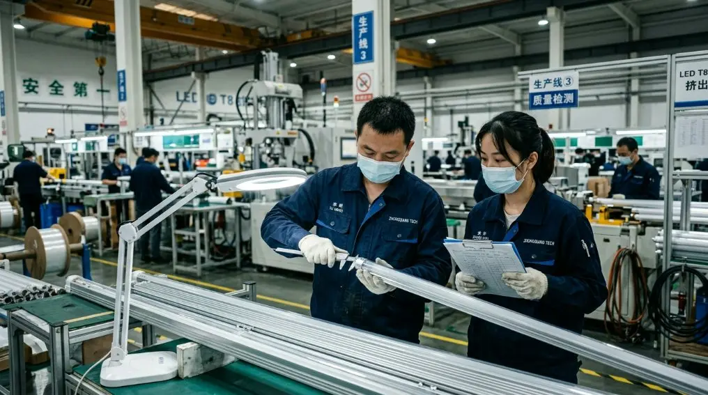 A high-tech manufacturing floor in China showing advanced extrusion machinery for LED T8 tube housing with aluminum bases and PC covers being inspected by quality control engineers.